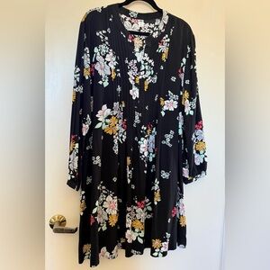 Old Navy Long Sleeve Black Floral Print Split Neck Midi Dress in Size XXL